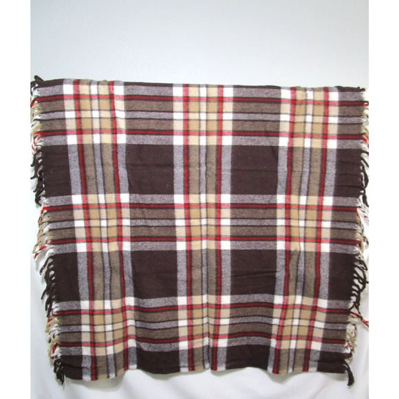 VTG Faribo Pak A Robe Brown & Red Plaid Wool Fringe Blanket 45" x 50" - Picture 2 of 7